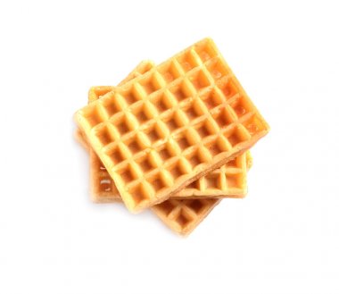 Beyaz arka planda kahvaltı için lezzetli waffle, üst görünüm