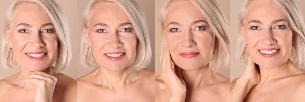 Collage de mujer madura con cara hermosa contra fondo de color — Foto de Stock