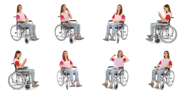 Conjunto de mulher bonita em cadeira de rodas no fundo branco — Fotografia de Stock
