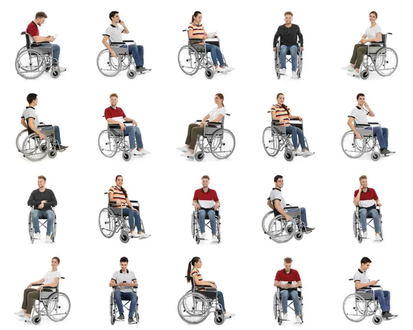 Set of people in wheelchairs on white background — Stock Photo, Image