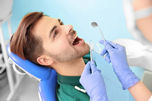 Профессиональный дантист работает с пациентом в современной клинике — стоковое фото