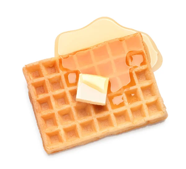 Delicious waffle with butter and honey on white background, top view — Stock Photo, Image