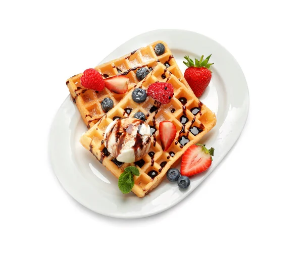 Plate with yummy waffles, berries and ice cream on white background, top view — Stock Photo, Image