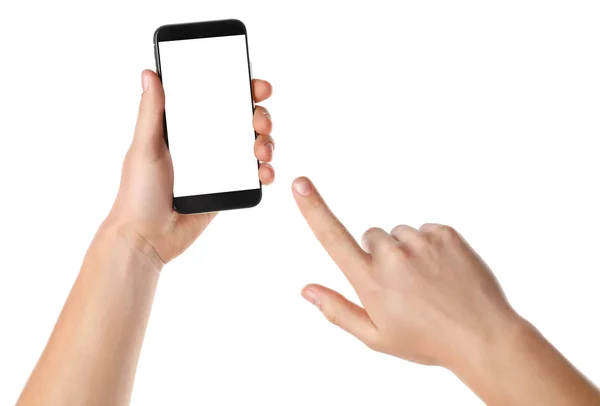 Man håller smartphone med blank skärm på vit bakgrund, närbild av händer. Utrymme för text — Stockfoto