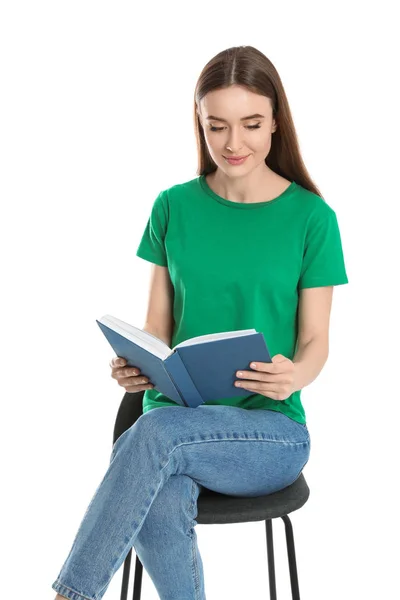 Fiatal nő könyvével fehér háttér — Stock Fotó