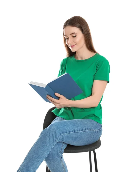 Fiatal nő könyvével fehér háttér — Stock Fotó