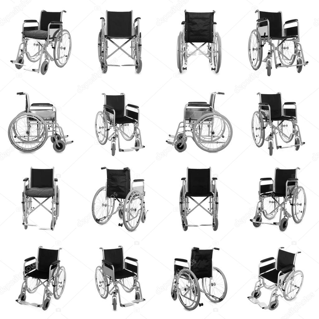Set of modern wheelchairs on white background