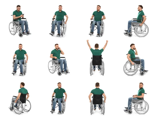 Набор молодых людей в инвалидной коляске на белом фоне — стоковое фото