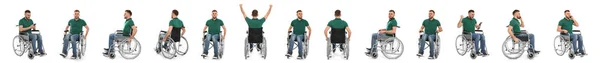 Set of young man in wheelchair on white background. Banner design — Stock Photo, Image