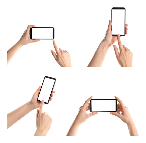 Set med kvinnor som innehar smartphones på vit bakgrund, närbild av händer. Utrymme för text — Stockfoto