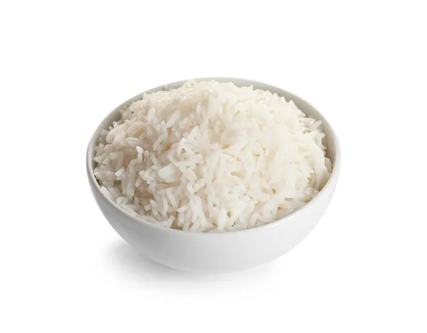 Bowl of tasty cooked rice on white background — Stock Photo, Image