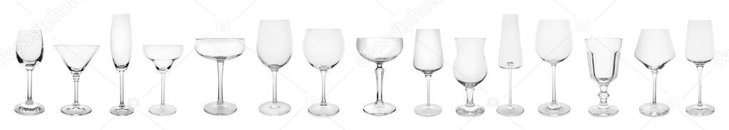 Set of different empty glasses on white background. Banner design