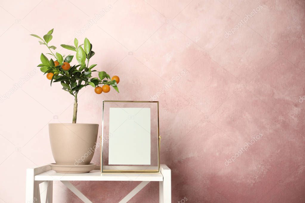 Potted citrus tree and empty frame on table against color background. Space for text