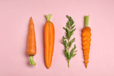 Creative flat lay composition with fresh ripe carrots on color background
