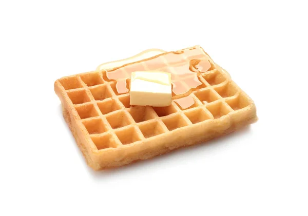 Heerlijke wafel met boter en honing op witte achtergrond — Stockfoto