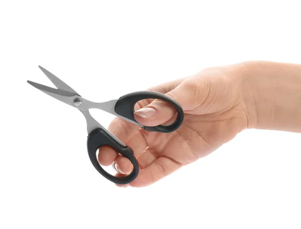 Woman holding scissors on white background, closeup — Stock Photo, Image