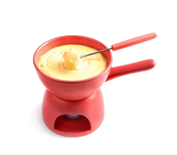 Csésze ízletes sajt fondü és a villát kenyér, fehér háttér — Stock Fotó