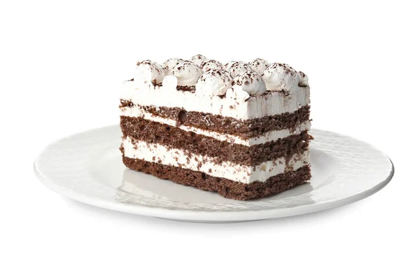 Plaat van tiramisu cake geïsoleerd op wit — Stockfoto