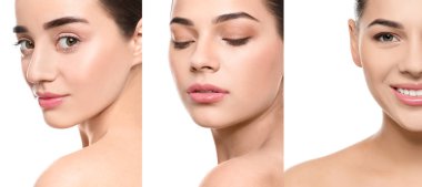 Beyaz arka plana karşı güzel yüzleri olan kadınların kolajı