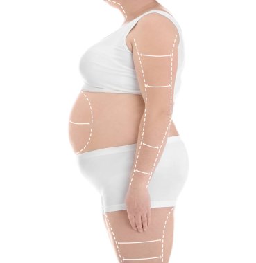 Beyaz arka planda kadın iç çamaşırı, büyük çekim. Kilo kaybı konsepti 