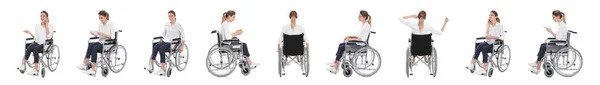 Set of beautiful woman in wheelchair on white background. Banner design — Stock Photo, Image