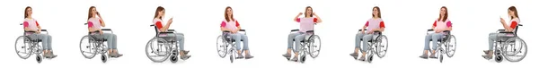 Zestaw pięknej kobiety na wózku inwalidzkim na białym tle. Projektowanie banerów — Zdjęcie stockowe
