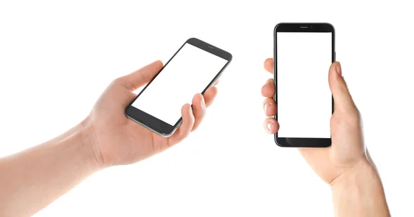 Set med män som innehar smartphones på vit bakgrund, närbild av händer. Utrymme för text — Stockfoto