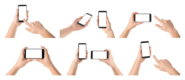 Set med män som innehar smartphones på vit bakgrund, närbild av händer. Utrymme för text — Stockfoto