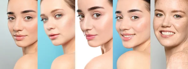 Collage kobiet z pięknymi twarzami przed kolorowym tłem — Zdjęcie stockowe