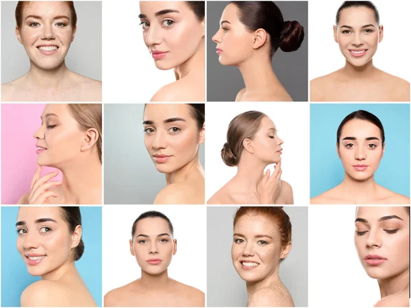 Collage de mujeres con caras hermosas sobre fondo blanco —  Fotos de Stock