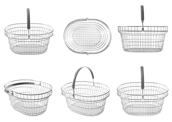 흰색 배경에 금속 쇼핑 바구니 세트 — 스톡 사진