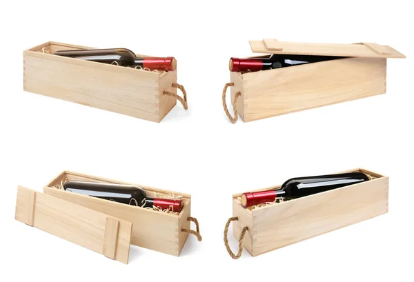 Conjunto de cajas de madera con vino sobre fondo blanco —  Fotos de Stock