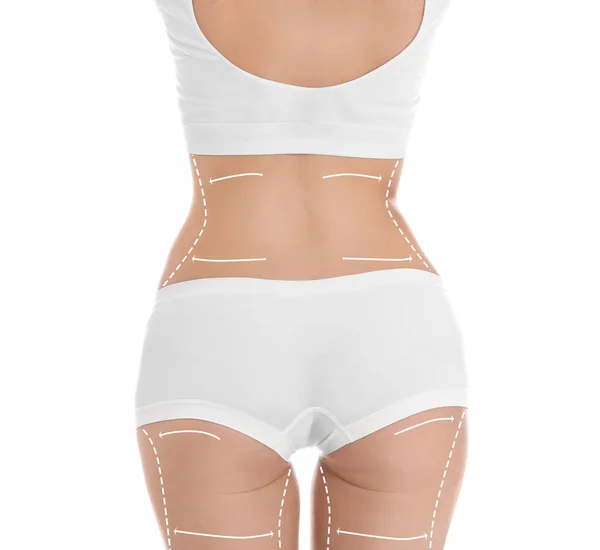 Femme mince en sous-vêtements sur fond blanc, gros plan. Concept de perte de poids — Photo