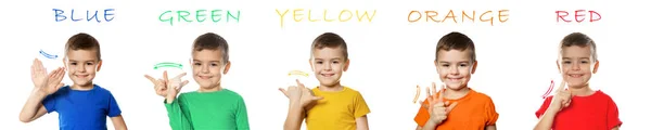 흰색 바탕에 다른 단어를 보여주는 작은 소년의 콜라주. 서명 언어 — 스톡 사진