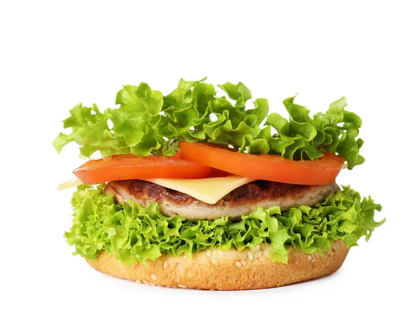 白に分離されたカツと野菜のバーガーパン — ストック写真