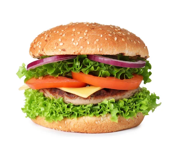 Beyaz üzerinde izole pirzola ile lezzetli taze Burger — Stok fotoğraf