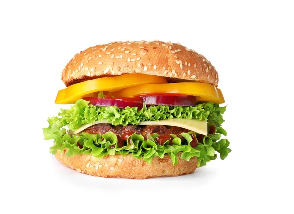 Hambúrguer fresco saboroso com costeleta isolada em branco — Fotografia de Stock