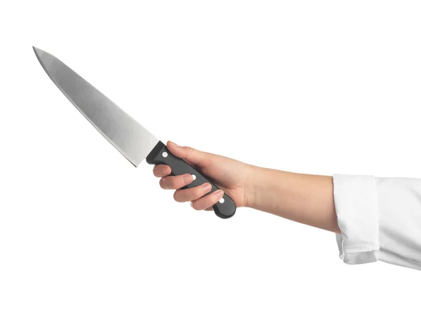 Γυναίκα που κρατά το μαχαίρι του σεφ σε λευκό φόντο, κοντινό — Φωτογραφία Αρχείου