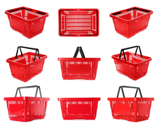 Set of plastic shopping baskets on white background — Stock Photo, Image