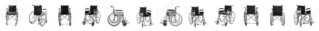 Set of modern wheelchairs on white background. Banner design