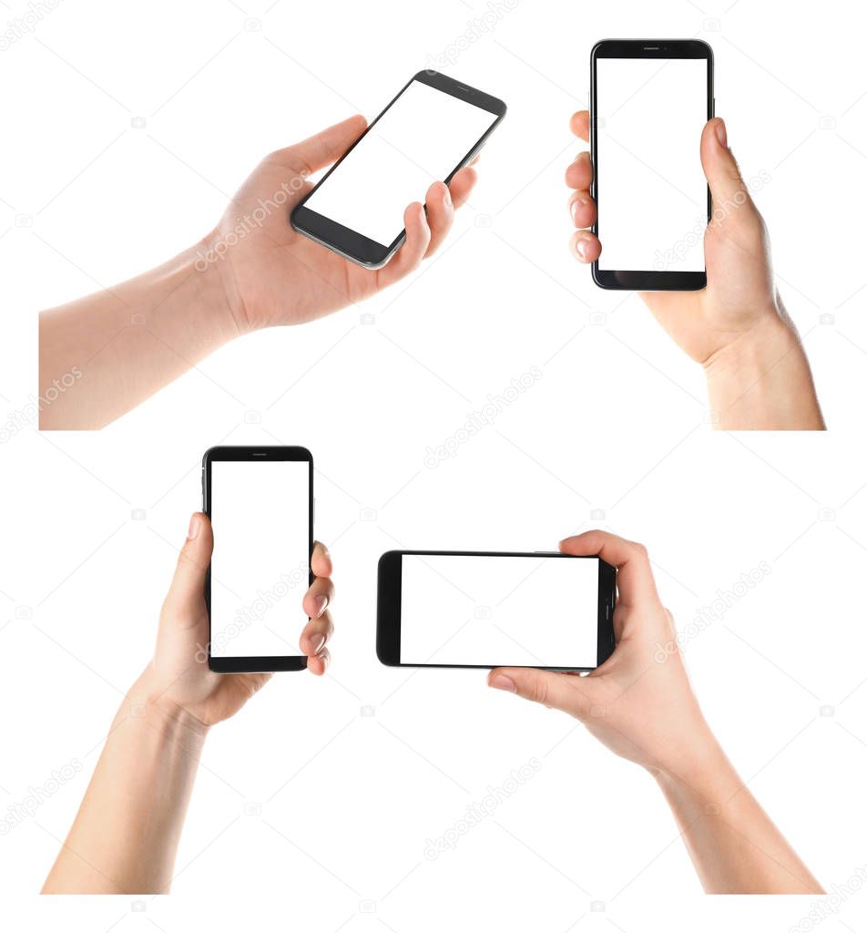 Set with men holding smartphones on white background, closeup of hands. Space for text