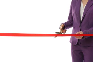 Kadın ofis takım elbise kesme kırmızı şerit üzerinde izole beyaz, kapatmak