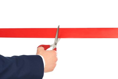 Adam ofis takım elbise kesme kırmızı şerit üzerinde izole beyaz, kapatmak