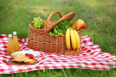 Parkta battaniye üzerinde yiyecek ve meyve suyu ile hasır sepeti. Yaz piknik