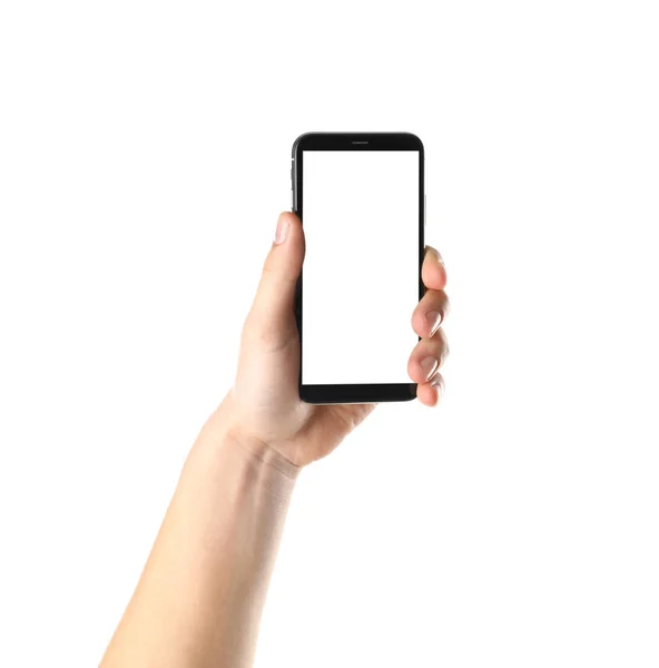 Man håller smartphone med tom skärm på vit bakgrund, närbild av handen. Plats för text — Stockfoto