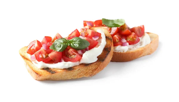 Tasty bruschettas with tomatoes on white background — Stock Photo, Image