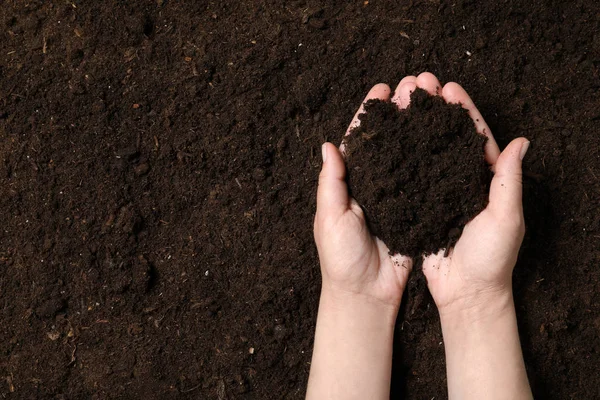 Woman holding fertile soil in hands, closeup with space for text. Gardening season — Stock Photo, Image