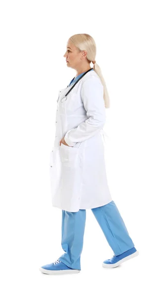 Full length portrait of female doctor isolated on white. Medical staff — Stock Photo, Image