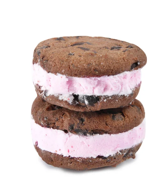 Sweet delicious ice cream cookie sandwiches on white background — Stock Photo, Image