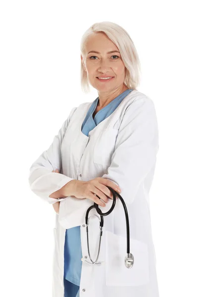 Portret van vrouwelijke arts geïsoleerd op wit. Medisch personeel Rechtenvrije Stockafbeeldingen